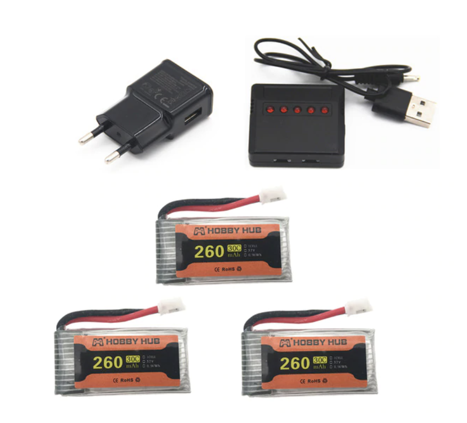eachine e010 e011 e012 e01 furibee f36 caricabatteria 260mah 3 pezzi