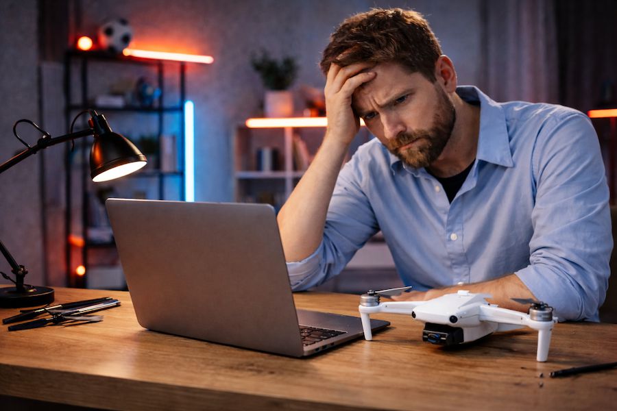 Acheteur réfléchissant au choix d’une boutique spécialisée pour accessoires drone