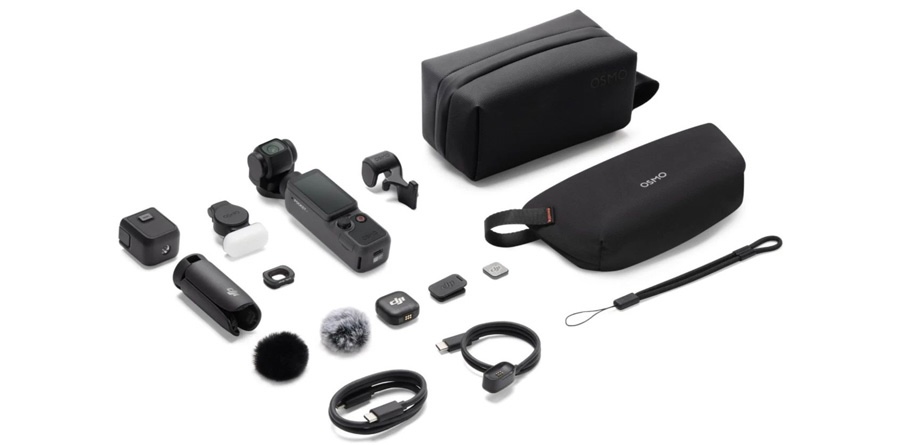 Pack Créateur DJI Osmo Pocket 4 comprenant DJI Mic 3, lumière d’appoint, objectif grand-angle, mini trépied et accessoires